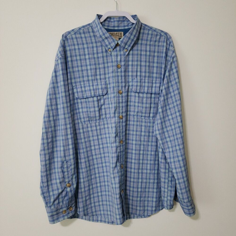 Duluth Trading Mens Roll-Tab Sleeve Plaid Vented-Back Button-Down Shirt Blue XL